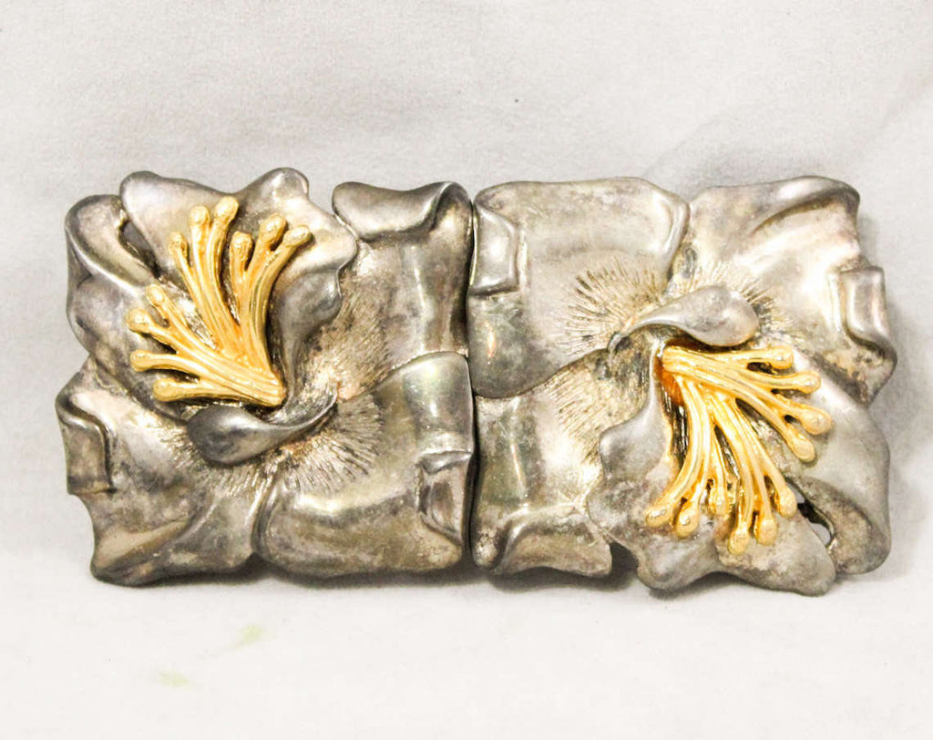 Tiger Lily Buckle - Pewter Gray & Gold Flower Clasp by Mimi Di N - 1980s Heavy Designer Two Part Square Flowers Closure - Stamped 1989