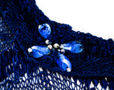 XS 1940s Cobalt Blue Dress - Gorgeous Sheer See-Through 40s 50s Rayon Knit - Ribbonwork Rhinestones & Beading - Long and Lean - Waist 24
