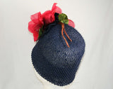Too Fabulous 1960s Navy Straw Hat - Red Poppy - Mr John Boutique - Sophisticated Glam - 60s Summer Bucket Hat - Dark Blue with Big Flower