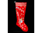 60s Christmas Stocking - Red Flannel - Silly Angel - Merry Christmas - 1960s - Holiday Style - Sequins - Beads - Metallic - 42800