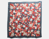 Autumn Fruits Scarf - Pewter Gray & Flame Orange Challis Print Shawl - Large 1980s Square Wrap - Grapes Pomegranates Plums Novelty Print