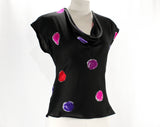 Size 6 Silk Top - Late 1970s Black Dots Print Sexy Shirt - Small 70s Cap Sleeve Blouse - Red Purple Pink - Basile Italy - Bust 34 - 50079