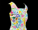 Size 12 Summer Dress - 1960s Preppy Novelty Print Floral Sleeveless Fit & Flare - 60s Poppy Flowers Daisies and Butterflies - Waist 31