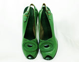 Size 6 1940s Green Shoes - Art Deco Style Open Toe Leather Pumps - 30s 40s Jungle Snake Hue Heels with Ovals - WWII Era 40's NOS Deadstock