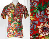 Size XXS 1940s Men's Red Hawaiian Style Shirt - Tropical Flowers Print Cold Rayon - 40s Summer Beach Clothes - Teen Boy Size 16 - Chest 34