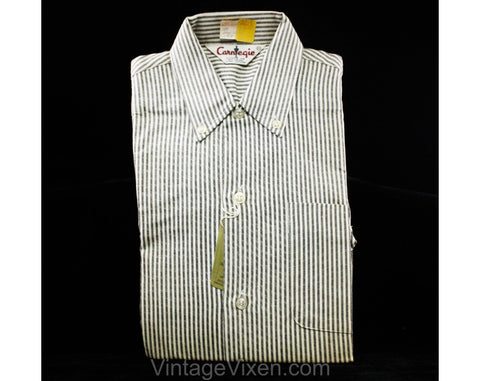 Size 10 Boy's Dress Shirt - 1950s Gray & White Striped Cotton Oxford - Child's Long Sleeve 50s 60s Button Front Pinstripe - NOS Deadstock