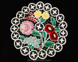 1930s 40s Embroidered Lace Centerpiece - Hand Sewn German European Embroidery - Round Doily Handmade Lace - Red Pink Green Blue Botanical