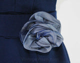 Size 8 Evening Dress - Navy Blue Silk Formal Gown - Picturesque 1960s Sleeveless Summer Dress - Organza Ruffles & Flower Corsage - Bust 35.5