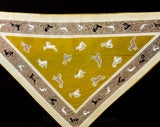 Dancing Deer Scarf - 1950s Peasant Cotton Head Kerchief - 50s Gray Gold Ivory Black Novelty Print with Border - Graceful Mid Century Style