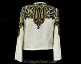 Size 6 Gorgeous Sequined Paisley Jacket - 90s Formal Evening Wear - White Silk Chiffon Beads & Sequins - Blue Gold Green Silver - Bust 33.5