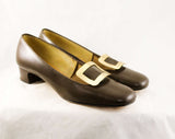 Size 7 Leather Shoes - Unworn 1960s Cocoa Brown Loafer Style Shoe - Big Brassy Metal Faux Buckles - 60s Mod NIB Deadstock - 7AA Narrow