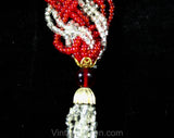 Beaded Braid Belt with Tassels - Red & Silver Glass Beads with Goldtone Metal Details - Small Medium - Striped 1960s Goddess Tie Sash