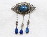 Antique Style Brooch with Lapis Lazuli Blue Glass Stones - Boho Victorian Inspired Pin - 1970s Antique Revival Jewelry - Dangling Teardrops