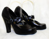 Size 4.5 Black Shoes - Unworn 1940s Leather High Heels with Snub Toes & Avant Garde Jagged Strap - Small Sized Shoe - 40s Deadstock - 4 1/2