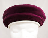 Ladies Plum Purple Velvet Hat - 60s Designer Adolfo II - Beret Tam Style Flat Cap with White Leather Trim - Mod Plush 1960s Paris New York