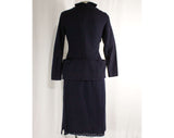 Size 6 1940s Suit - Navy Blue 40s Jacket & Skirt Set - Jacques Fath Look with Spiraling Metal Buttons - Pannier Pockets - Ruching - WWII Era
