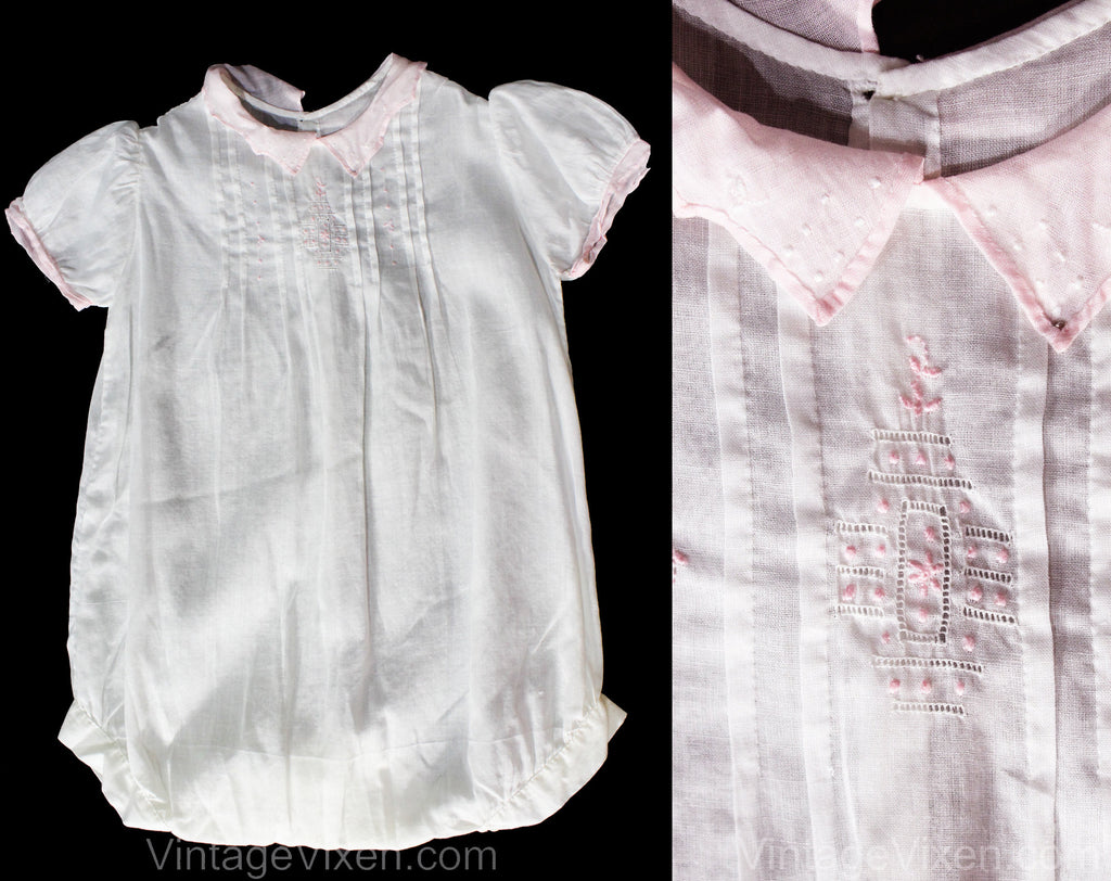 1920s Toddlers White Cotton Romper - Charming Chemise Style with Pink Deco Embroidery - Size 18 to 24 Months - Infant Child's Bubble Suit