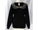 Large 1980s Jewel Sweater - Black Novelty 80s Pullover with Magenta Emerald Ruby Red Faux Gems & Pearls - 80s Oversized Pullover - Size 12