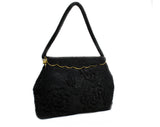 Black Beaded Evening Bag - 1950s Formal Purse - 50s 60s Caviar Beads Handbag - Elegant Rich Puffy Flowers Beadwork with Scallop Frame