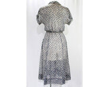 Size 6 1940s Dress - Sheer Nylon Summer Frock - Late 40s Early 50s Short Sleeve - Navy Blue & White Fish Scales Novelty Print - Waist 26