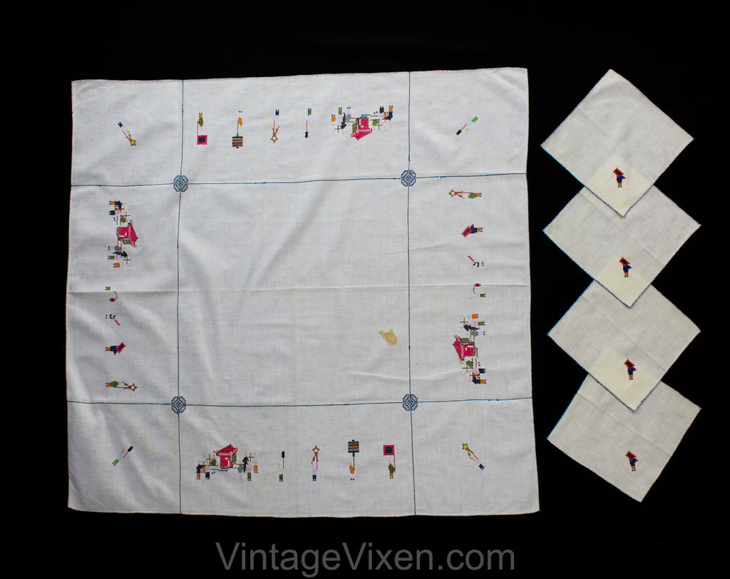 30s Asian Tablecloth & Four Matching Napkins - 1920s 30s 40s Far East Square Dinner Linens - People Flying Kites Blue and White Cross Stitch