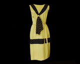 Size 8 1950s Sailor Dress - Charming Preppie Polka Dot 50s Fitted Sheath - Almond Taupe & Black Silk - Nautical Sash Neckline - Waist 26.5