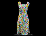 Size 12 Summer Dress - 1960s Preppy Novelty Print Floral Sleeveless Fit & Flare - 60s Poppy Flowers Daisies and Butterflies - Waist 31