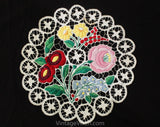 1930s 40s Embroidered Lace Centerpiece - Hand Sewn German European Embroidery - Round Doily Handmade Lace - Red Pink Green Blue Botanical
