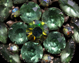 1950s Green Rhinestone Brooch - Peridot Hue Glass & Aurora Borealis Stones - 50s 60s Flashy Round Pin - Spring Colors Jewelry - 50544