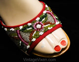 Size 6 Carved Wood 1940s Platform Shoes - Tiki Hut Wooden Heels - World War II Asian Souvenir - Red Beadwork - 40s Pin Up Lounge Sandal