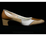 Size 6 1/2 Mod 1960s Patchwork Leather Pumps - Unworn 6.5 B Shoes - Beige Tan & Caramel Stitched Patches - Secretary Style - NOS Deadstock