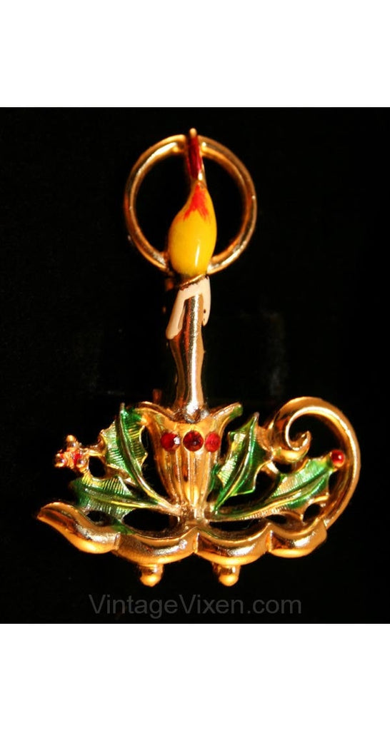 Vintage Christmas Candlelight Pin - Winter Holiday 50s Brooch - Goldtone Metal - 1950s - Single Candle Stick - Lit Candle - Holly 33943-1