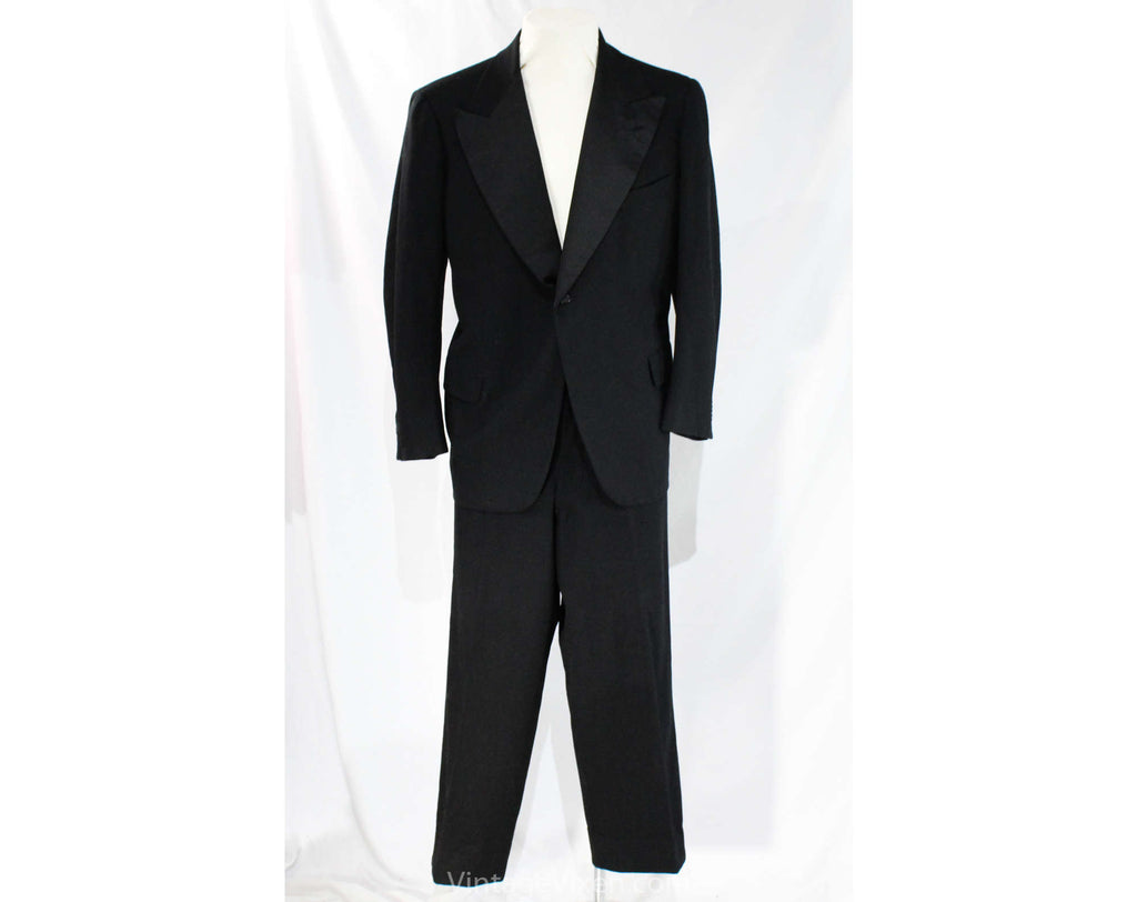 Men's 1940s 50s Tuxedo - Large Size Black Wool Mens Formal Wear Tux Jacket and Trousers - Rogers Peet Evening Suit - Pants 40 x up to 32"