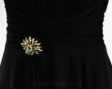 Size 12 1950s Cocktail Dress - Black Chiffon & Crepe - Large Size Fit and Flare - 50s Glamour - Brown Gold Rhinestone Pin - Waist 30