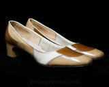 Size 6 1/2 Mod 1960s Patchwork Leather Pumps - Unworn 6.5 B Shoes - Beige Tan & Caramel Stitched Patches - Secretary Style - NOS Deadstock