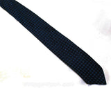 1950s Men's Skinny Tie - Blue Pixel Pattern Geometric Brocade - Kitsch Nerdy Mid Century Business Man's 50s Necktie - Black Squares Graph