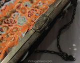 Victorian Inspired 1930s Purse - Peach Gray Black Floral Needlepoint Bag - Cutwork Metal & Stone Cabochons - Antique Look 20s 30s Handbag