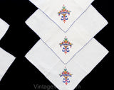 Magnificent Linen Tablecloth & Eight Matching Napkins - 1930s 40s Formal Dinner Embroidered Linens - Roses in Baskets Flourish Cross Stitch