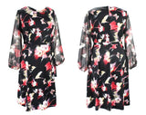 XL 1980s Butterfly Dress - Long Sheer Sleeves - Black Lilac Pink Butterflies Novelty Print - 80s Synthetic Knit - Size 22 - Bust 50 - 49319