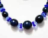 Blue Beaded Necklace - Cobalt Glass - Painted Wood - Graduated Beads - Arts & Crafts Style - Dark Navy Blue Beaded Jewelry