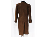 Size 12 Brown Wool Suit with Plush Black Velvet Collar - Designer Oscar de la Renta Jacket & Skirt - Autumn Fall Check Suiting - Waist 30.5