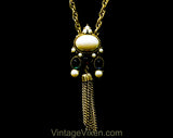 Victorian Revival Necklace by Richelieu - Antique Style Pendant - 60s 70s Faux Pearl Cabochon with Metal Tassel - Red Blue Green Gold White