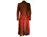Size 2 1930s Dress - XS Authentic 30s Brown Rayon Frock - Long Sleeve Art Deco Swirls Satin Brocade - Rich Lush Hues - Fall Autumn - Bust 34