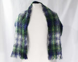 Plaid Mohair Scarf - Navy Blue & Forest Green Tartan Shawl - Made in Scotland - Rectangular Fuzzy Wool with Fringe - Warm Coat Neck Wrapper