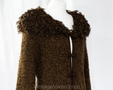Size 8 Brown Sweater Coat - 1990s Boucle Knit Long Jacket - Knee Length Fall Winter Layer with Fluffy Chenille Collar & Cuffs - Bust 38