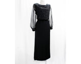 Size 10 Posh Evening Dress - 1960s Sheer Black Silk Chiffon & Cracked Ice Glitter - Medium 60s Formal Gown with Velvet Bow Waist - Bust 39