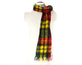 Plaid Mohair Scarf - 1950s 60s Red Green & Yellow Tartan Artisan Style Woven Wrap - Rectangular Fuzzy Lofty Wool with Fringe - Fall Winter