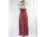 Size 6 Deco Print Burgundy Halter Dress - Gypsy Disco Chic - Young Innocent - 1930s Inspired 1970s Red Orange Dress - Ankle Length - Bust 34