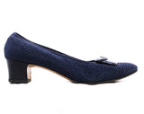Size 8 1960s Ferragamo Shoes - Navy Blue Summer Pumps with Leather Trim - Raffia Style Weave 60s Resort Chic - Made In Italy - 1 3/4" Heel