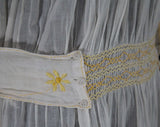 1920s Girl's Dress - Size 8 Child's Sheer White Cotton & Yellow Smocking with Daisy Embroidery - Authentic 20s 30s Girls Frock - Chest 32